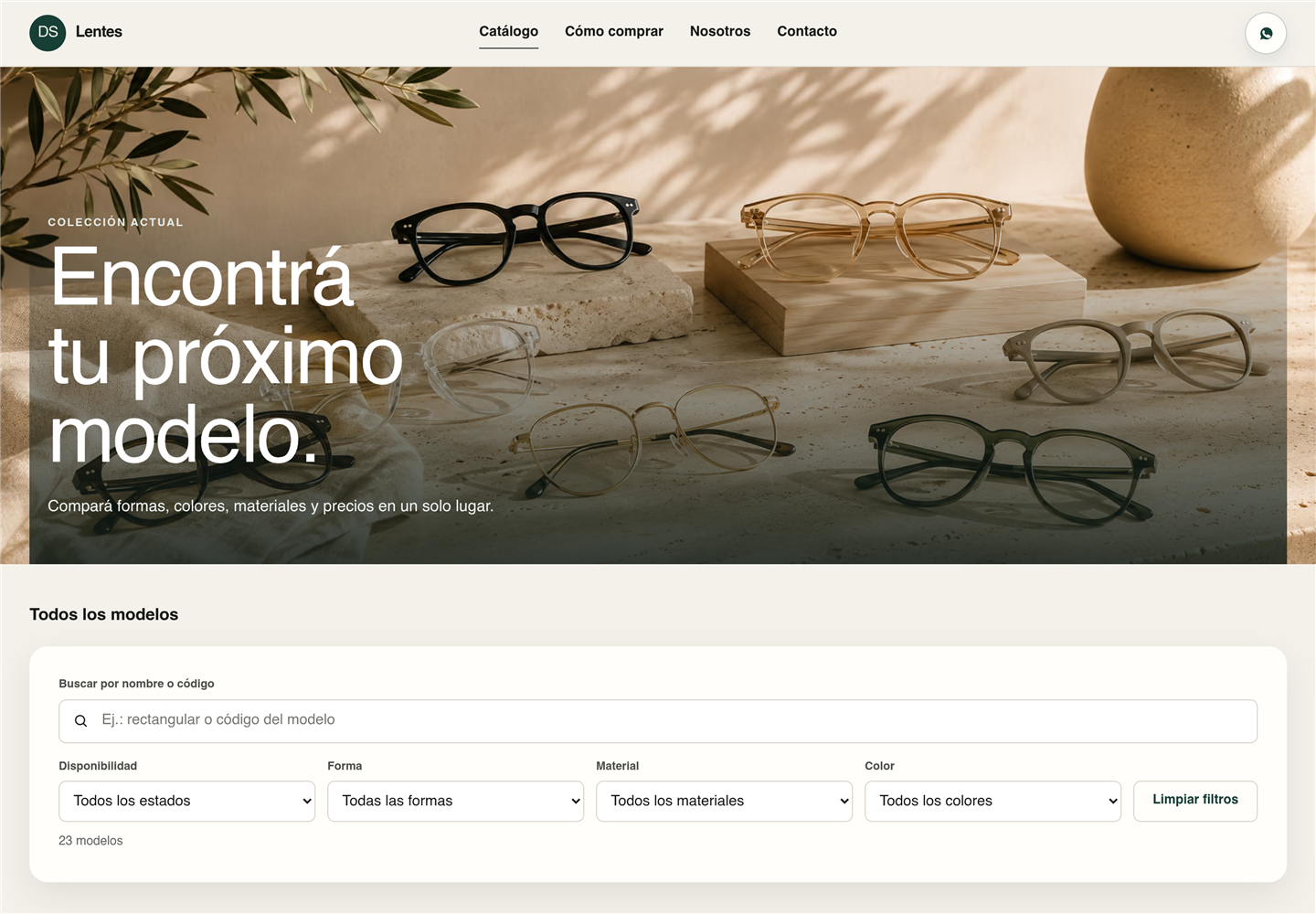 Catálogo de armazones de DS Lentes en pantalla de escritorio